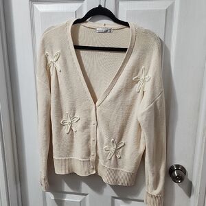 Kaily K Cream Cardigan Swester With  Floral Design Size Medium